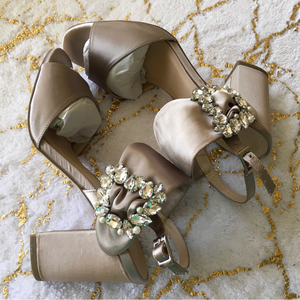 Paradox London Pink Tan Heels with Crystal Embellishments